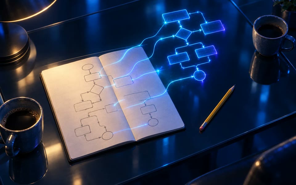 Cuaderno con un diagrama de procesos a lápiz que continúa como un diagrama de luz sobre la mesa