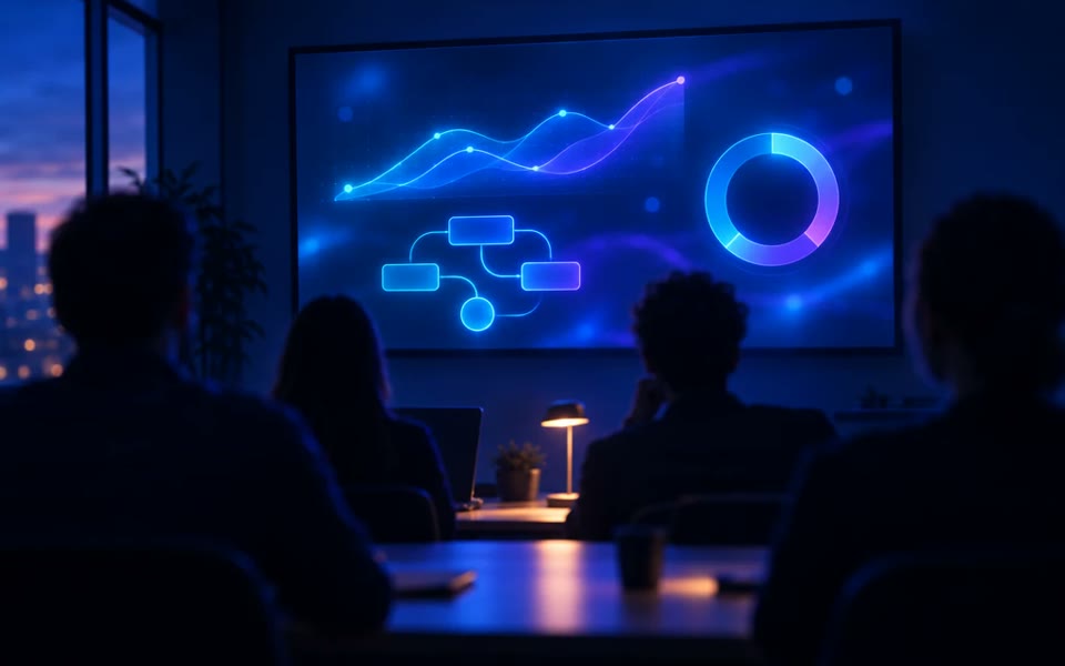 Equipo en una sala de capacitación mirando una pantalla con gráficos y un diagrama de flujo